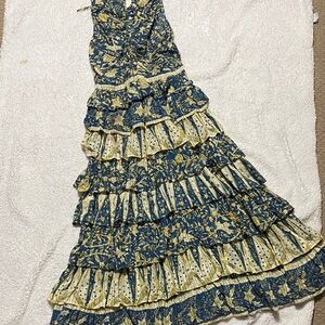 Ulla Johnson,  wore once, Floral Tiered Maxi Dress - Blue goldCream womans Sz 8